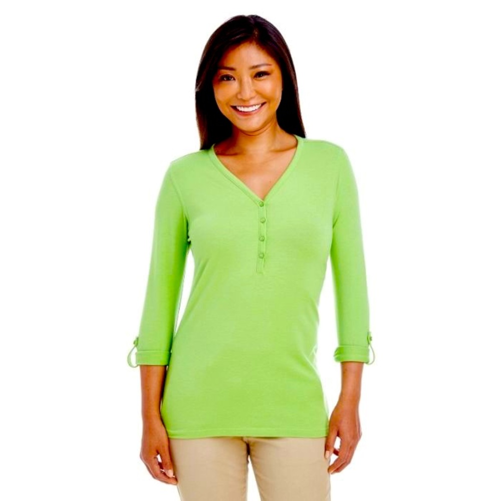 Devon & Jones Convertible Sleeve Knit Top with Four Button Placket